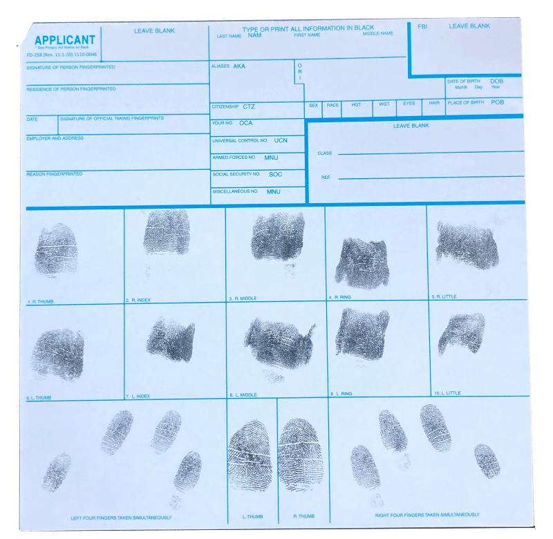 Printed FD-258 Fingerprint Card