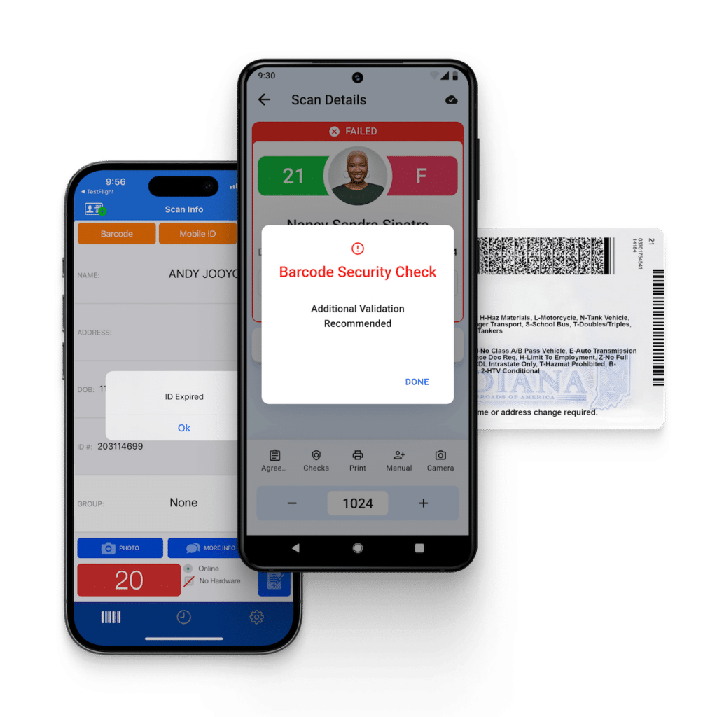 VeriScan app on iOS and Android showing a pop-up for a fake ID and an expired ID