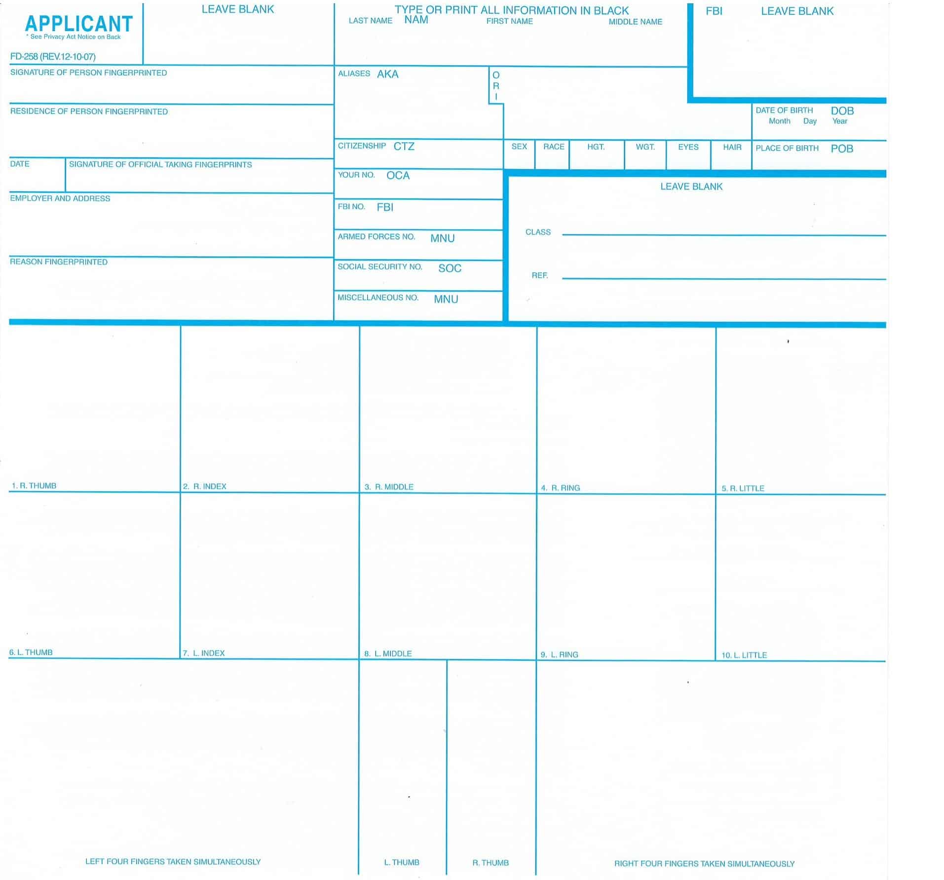 Blank FD-258 Fingerprint Card