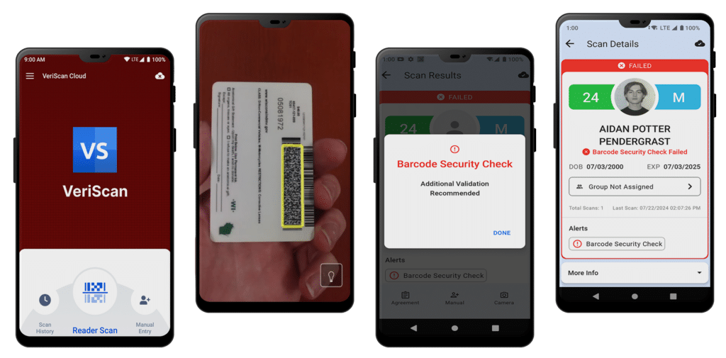 VeriScan for Android app screens after a fake ID is scanned