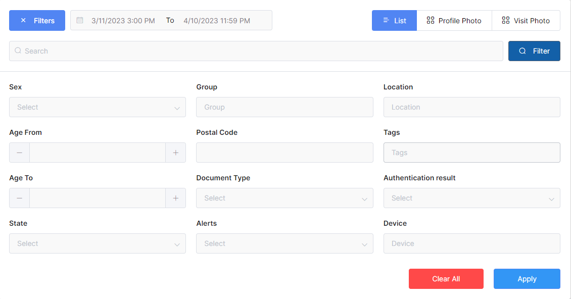 filters for scan history in VeriScan