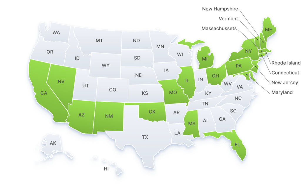 US map showing states with MMJ cards that can be scanned with VeriScan