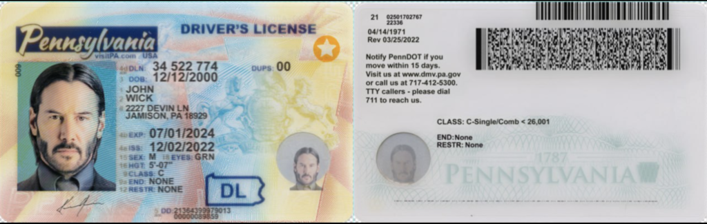 Front and back of AI-generated fake ID