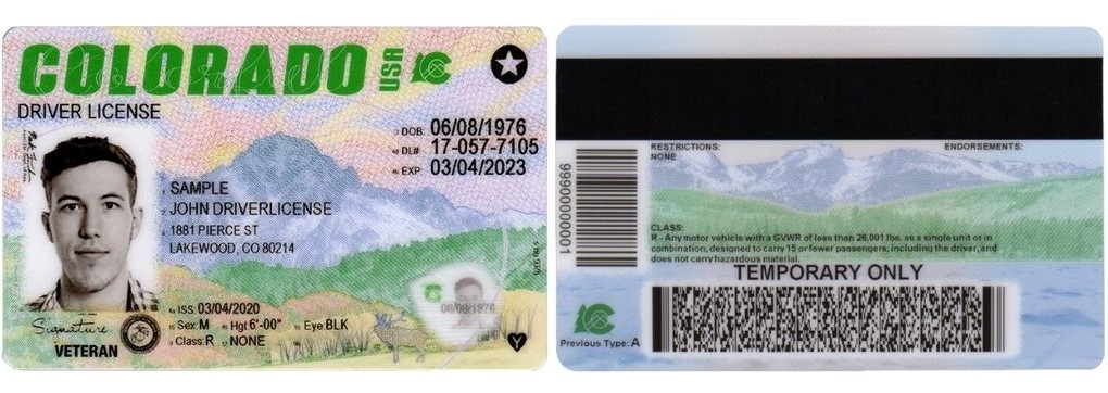 Front and back of a Colorado ID, side-by-side