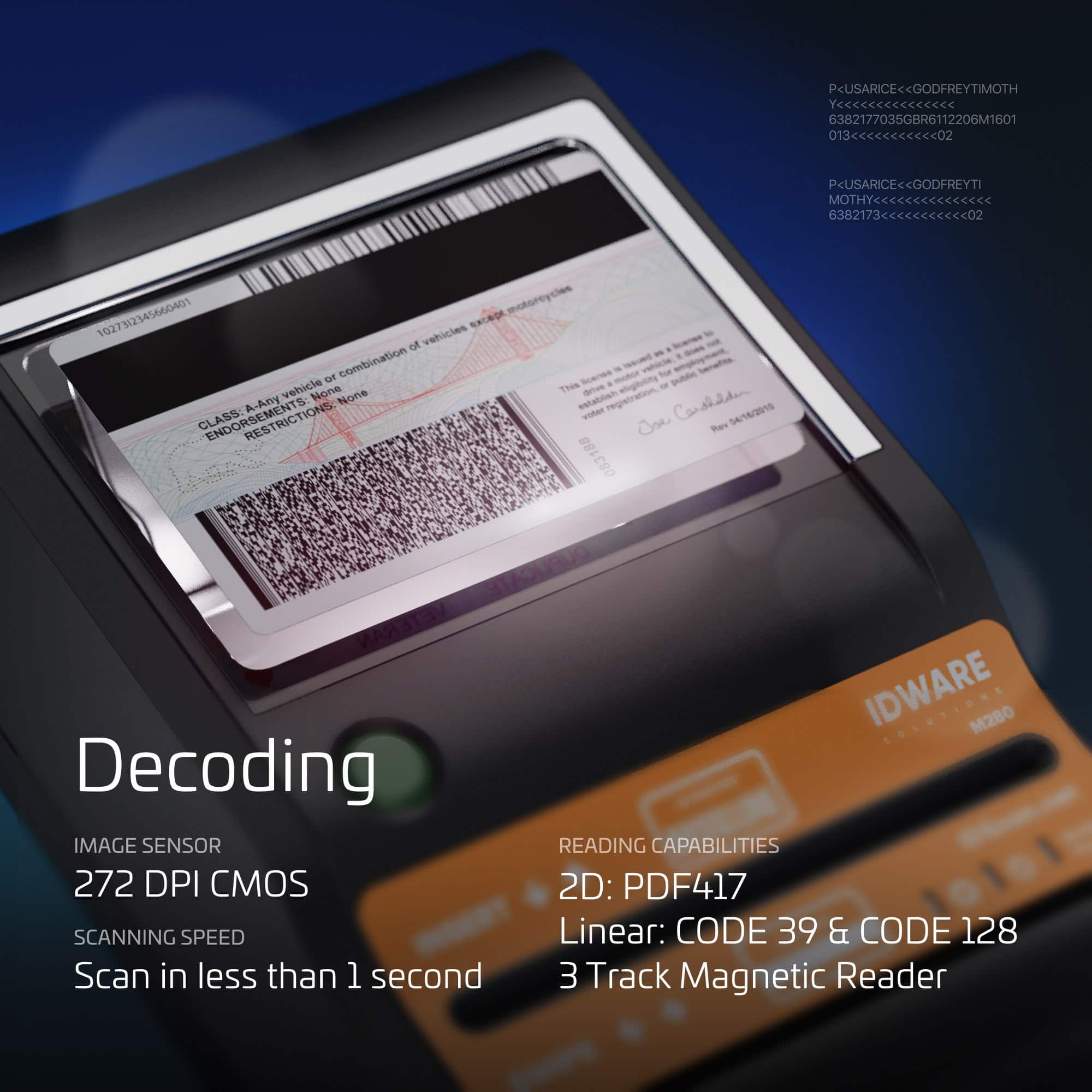 E-Seek M280 driver's license reader decoding graphic