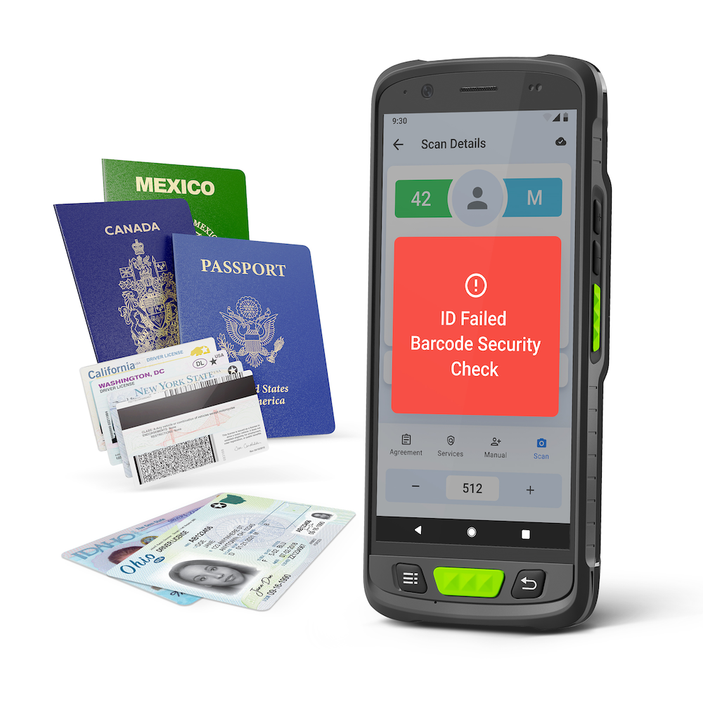 fake ID scanner app, VeriScan, displaying a warning pop-up after a fake ID is scanned