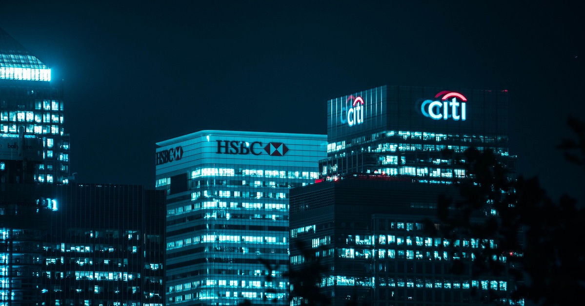 Skyline of bank buildings at night