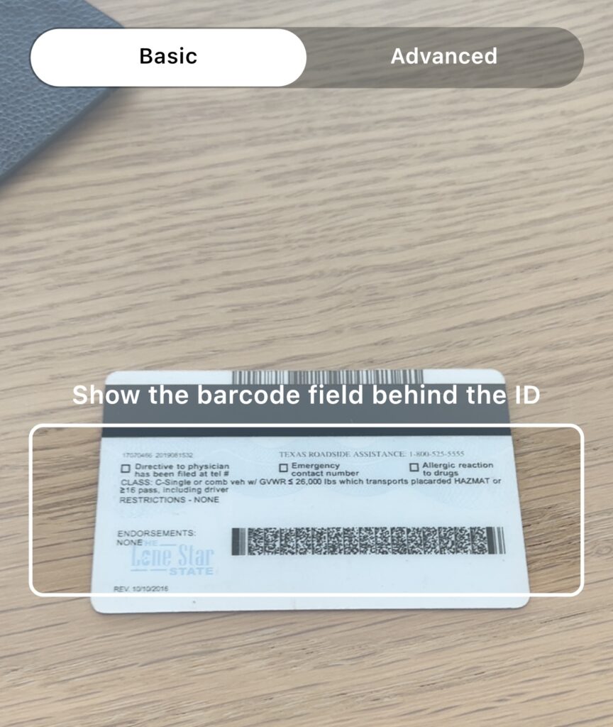 Screenshot of the ID Scanner Professional app scanning an ID