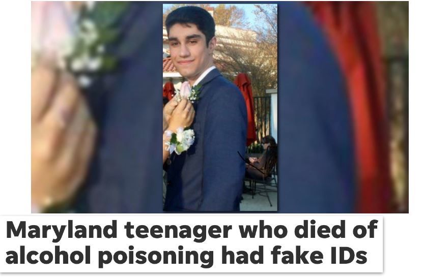 News headline of Maryland teen who died from alcohol poisoning after fake ID use