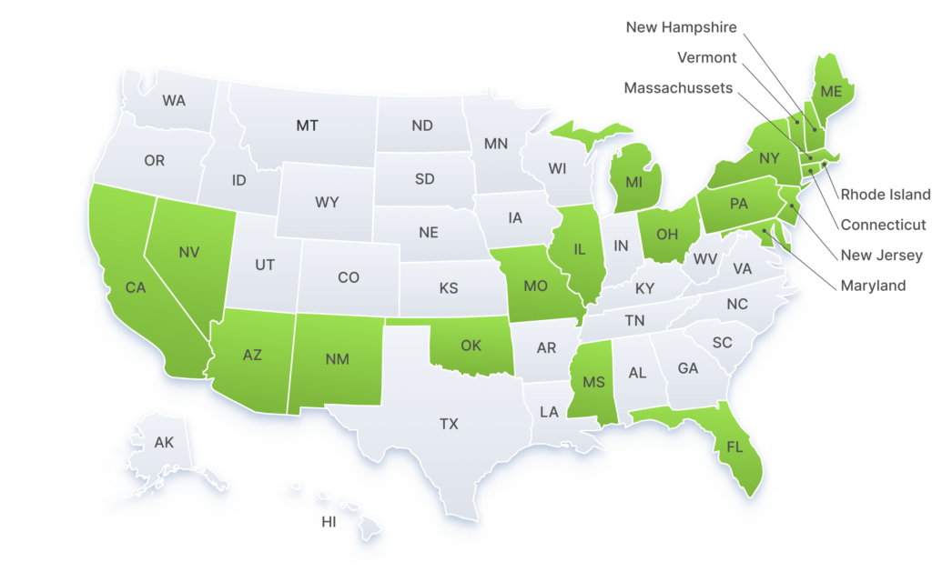 US map showing states with MMJ cards that can be scanned with VeriScan