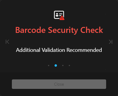 In-app popup in VeriScan when a fake ID fails 2D barcode security checks