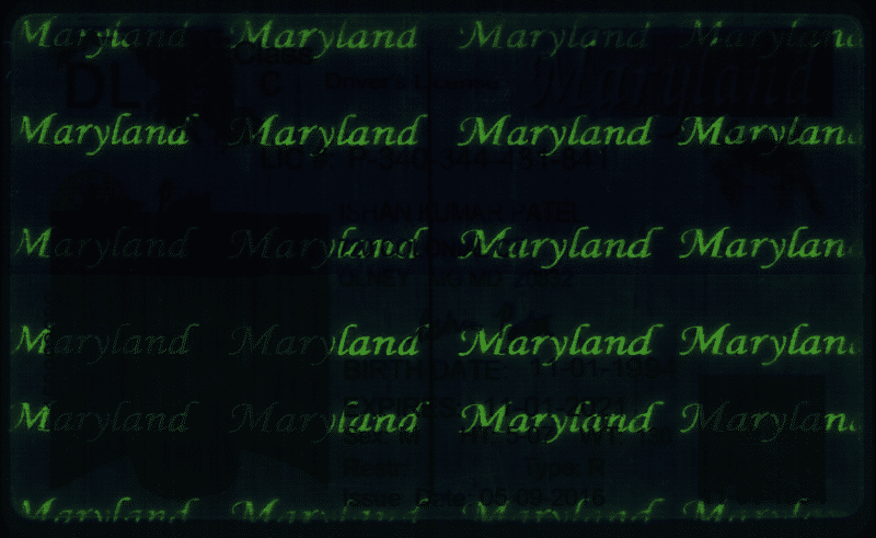 Maryland written in green UV ink security feature