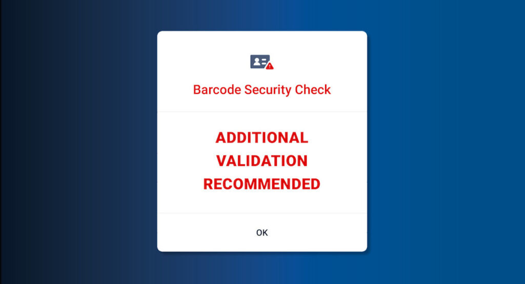 Fake ID alert pop-up from VeriScan for Android