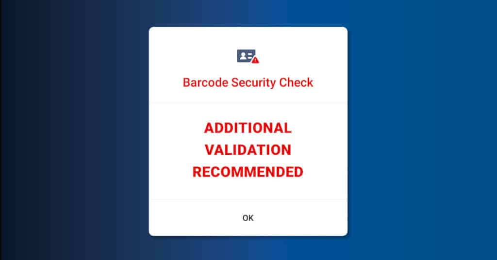 Fake ID alert pop-up from VeriScan for Android