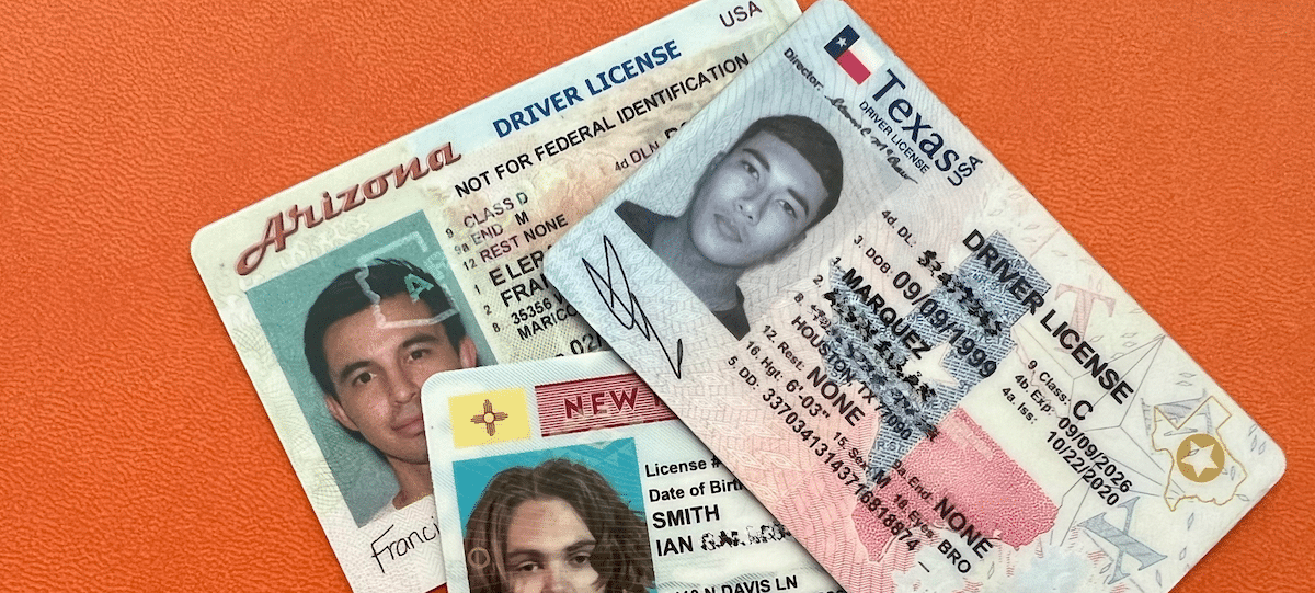 Arizona, New Mexico, and Texas fake IDs on orange background