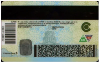 Back of 2020 Colorado ID showing colorful image behind the barcode