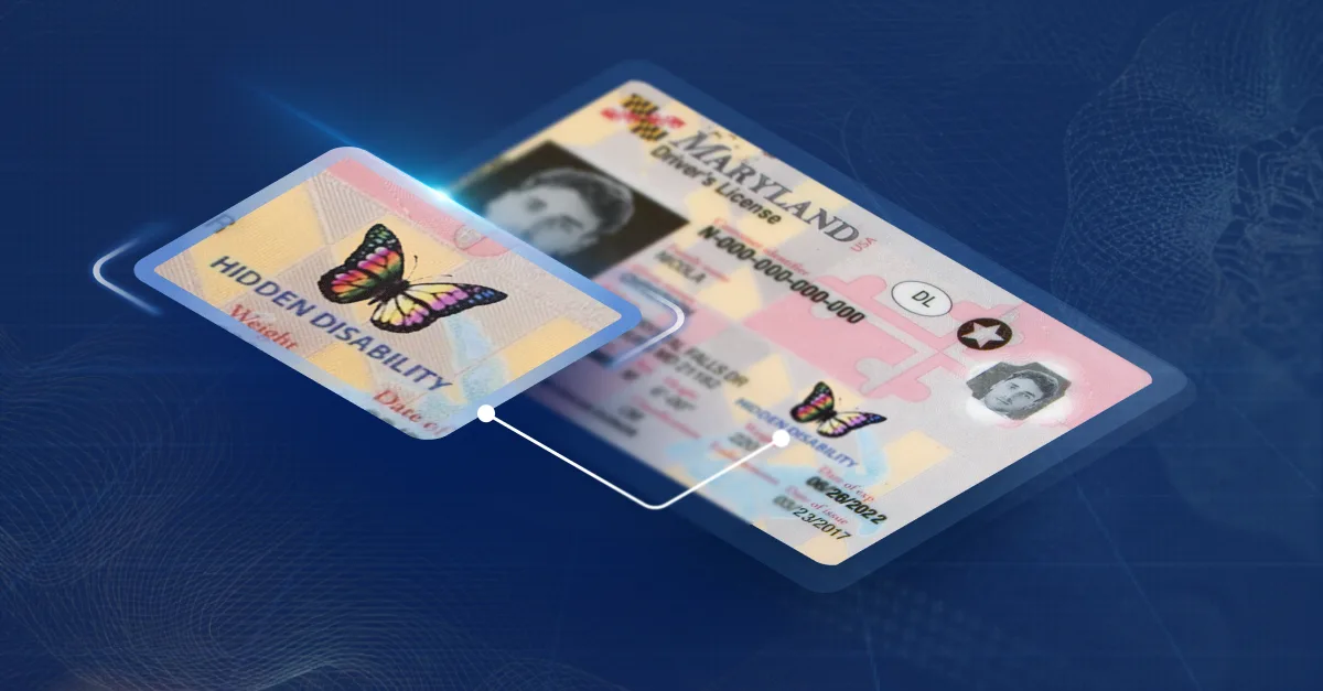 Zoomed in photo of Maryland ID showing the butterfly symbol