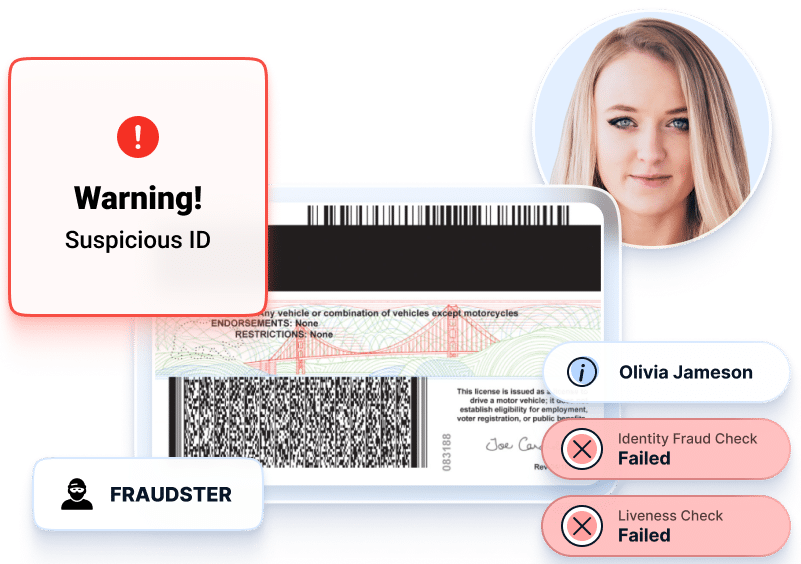 Suspicious ID showing signs of fraud, flagged by ID fraud prevention software