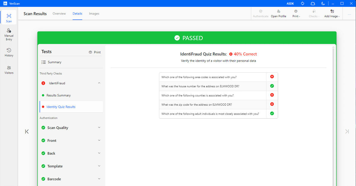 Identity quiz for VeriScan customers using IdentiFraud