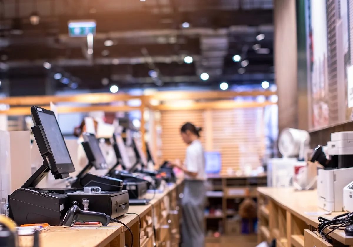 Line of POS terminals in a store