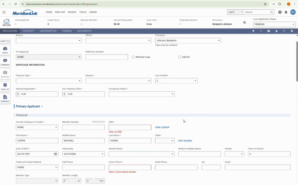 MeridianLink dashboard screenshot, showing auto populated fields