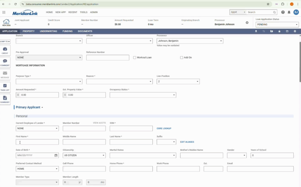 MeridianLink dashboard screenshot showing fields for manual entry if not listed on ID