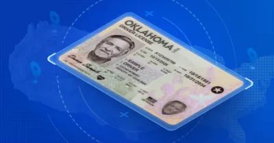 New Oklahoma driver's license on a blue gradient background