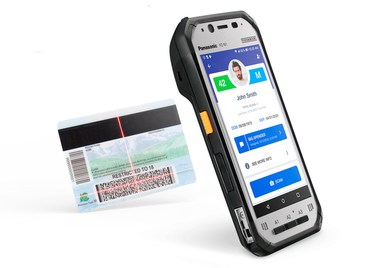 Panasonic N1 handheld ID scanner scanning the back of a drivers license