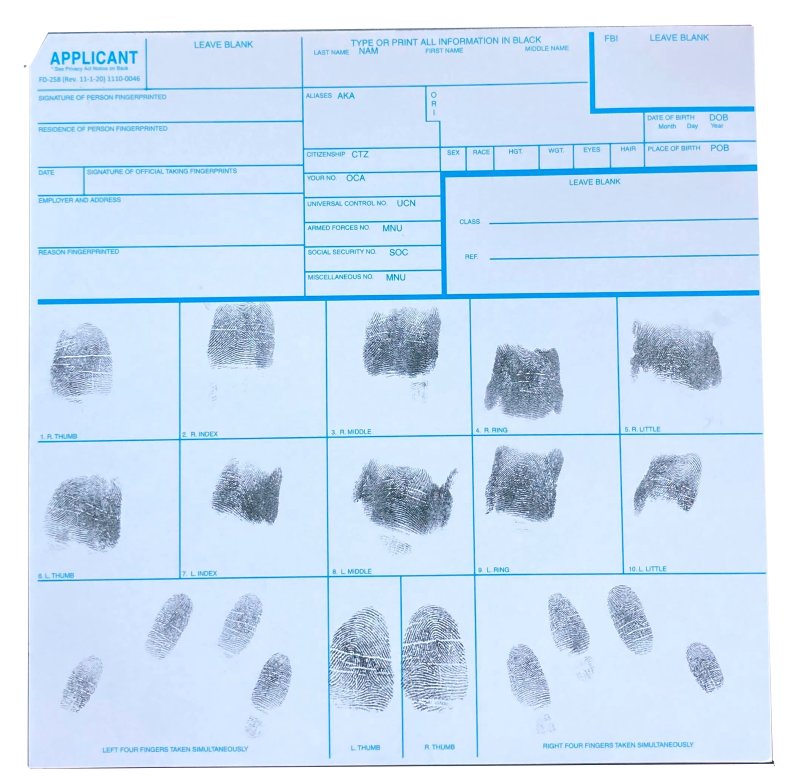 Printed FD-258 Fingerprint Card