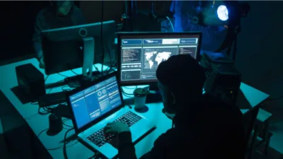 Person sitting in front of computers analyzing data