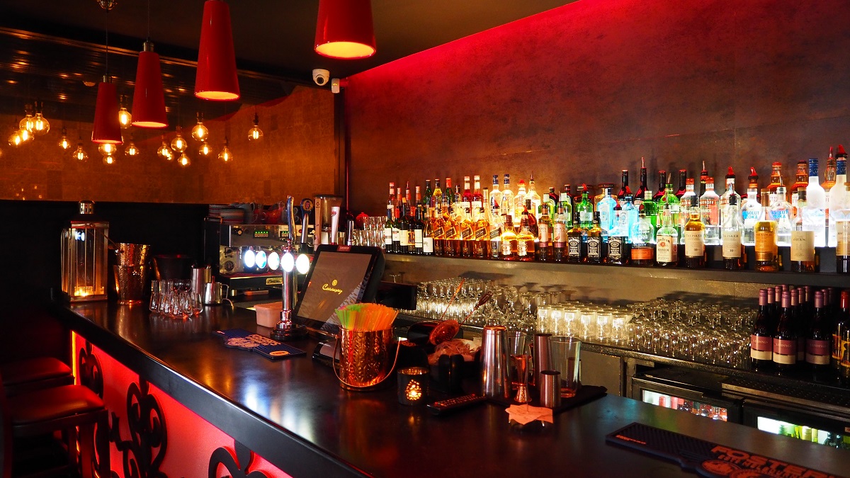 bar with red uplighting
