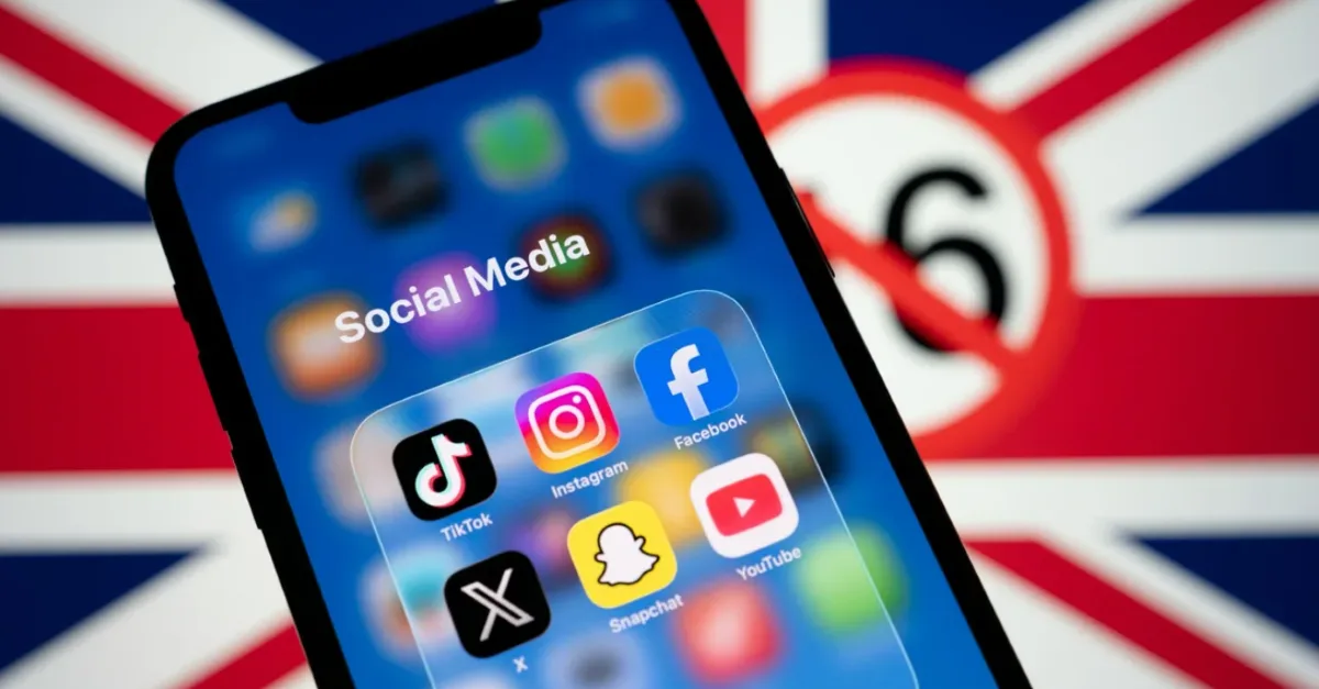 Social media apps and under 16 ban sign in front of UK flag