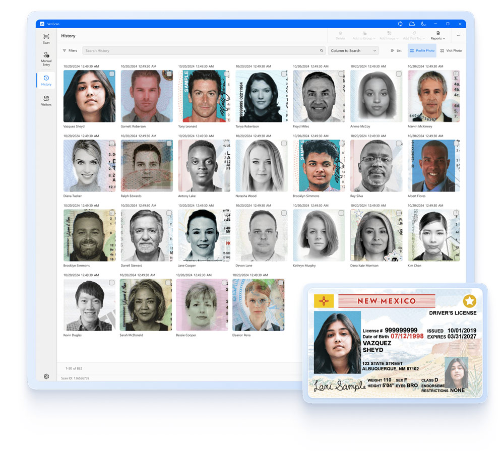 VeriScan screenshot of visitor management system visual scan history