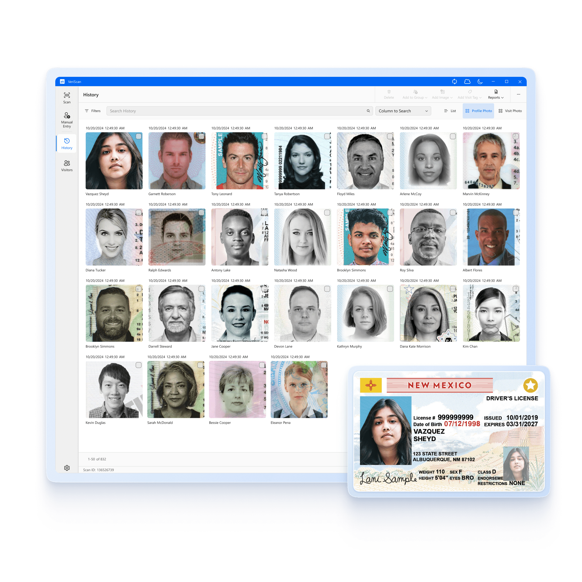 VeriScan screenshot of visitor management system visual scan history