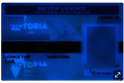 UV image of Victoria Australia ID showing error on windowpane security feature being unreadable