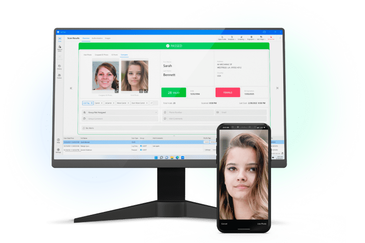 VeriScan visitor management system on a desktop computer screen and a mobile device