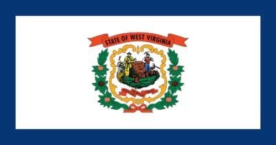 West Virginia state seal on white background with blue border