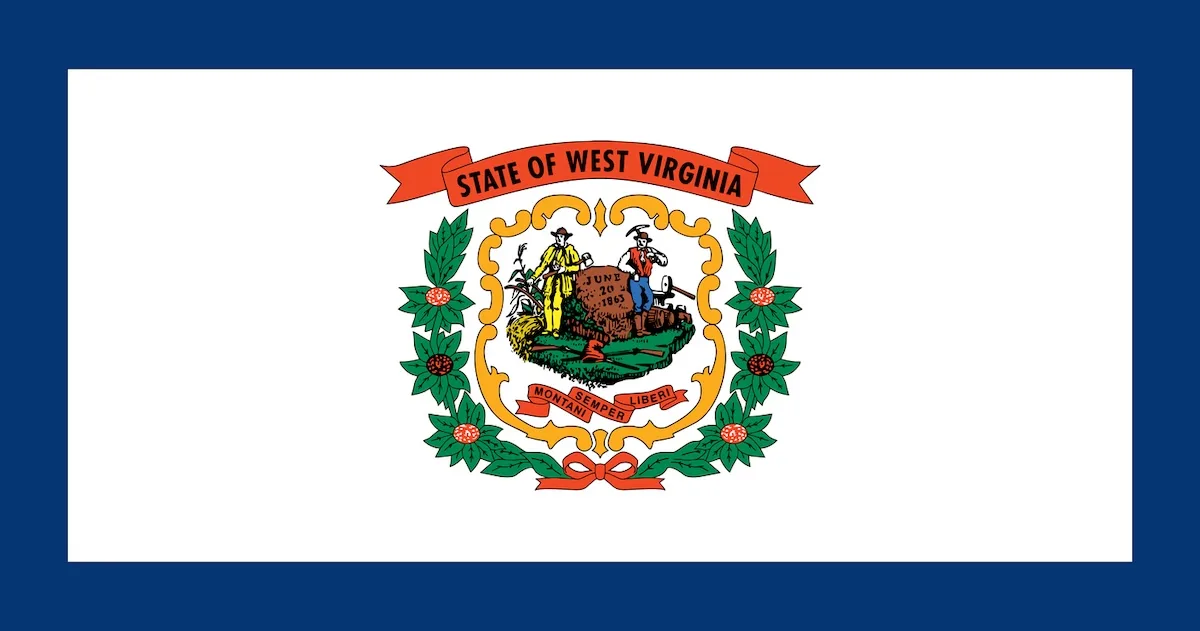 West Virginia state seal on white background with blue border