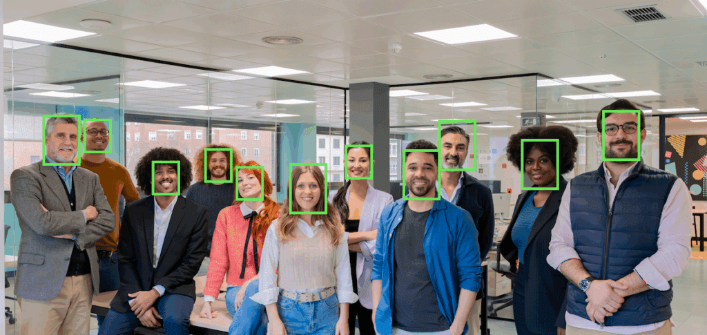 facial detection on a group photo showing faces being automatically detected
