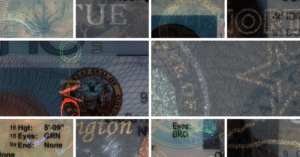 Examples of holograms and pearlescent overlay security features on various state IDs