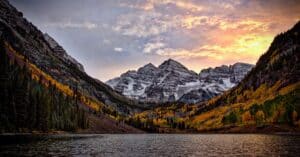 Colorado mountains and lake at sunset