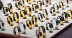 Rings on display at a pawn shop